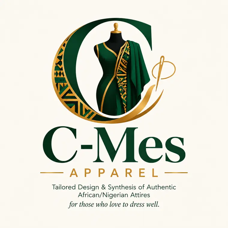 C-Mes Apparel logo: a mannequin in a green and gold wrap dress inside a gold letter C